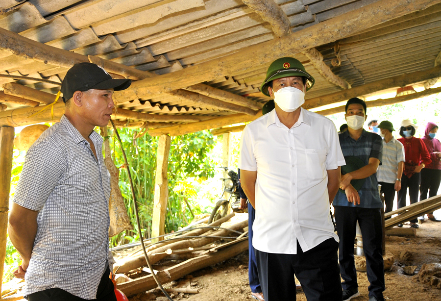Chủ tịch UBND tỉnh Nguyễn Văn Sơn thăm mô hình chăn nuôi gà dưới tán lá giang của gia đình ông Vi Thanh Nông, tổ 11, thị trấn Việt Lâm. 