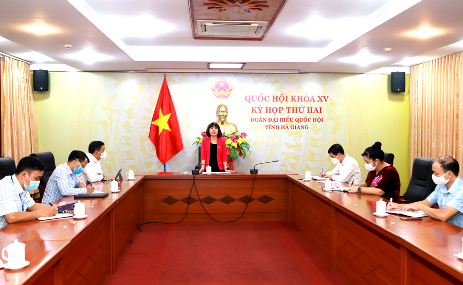 Phó Trưởng đoàn ĐBQH khóa XV tỉnh Hà Giang Lý Thị Lan phát biểu tại buổi họp báo