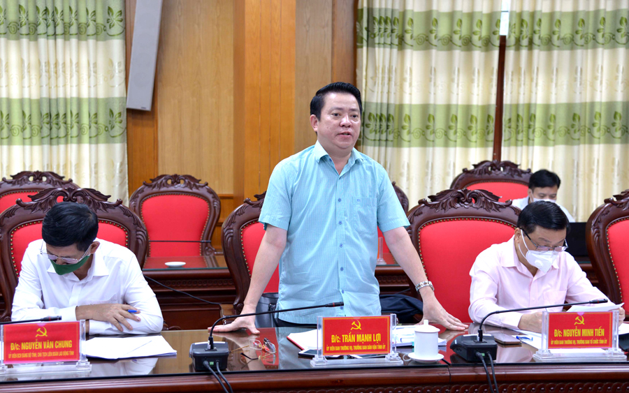 Trưởng ban Dân vận Tỉnh ủy Trần Mạnh Lợi phát biểu tại cuộc họp.