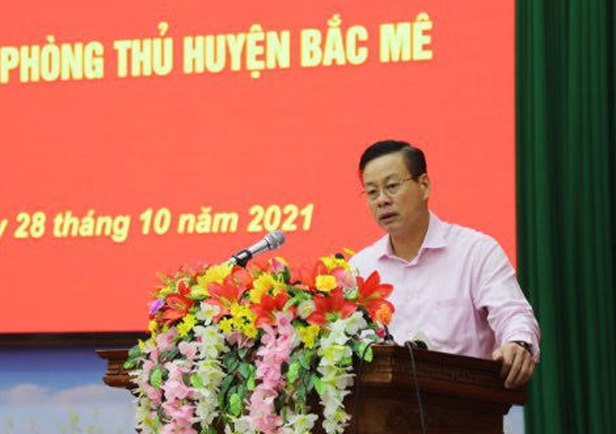 Chủ tịch UBND tỉnh Nguyễn Văn Sơn phát biểu khai mạc diễn tập KVPT huyện Bắc Mê.
