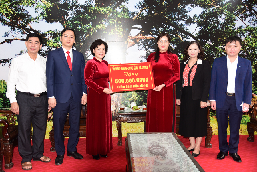 Đồng chí Hà Thị Minh Hạnh trao quà tặng của tỉnh Hà Giang cho Quỹ Khuyến học tỉnh Tuyên Quang           