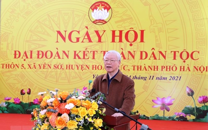 Tổng Bí thư Nguyễn Phú Trọng phát biểu tại Ngày hội Đại đoàn kết toàn dân tộc ở thôn 5, xã Yên Sở, huyện Hoài Đức, Hà Nội.