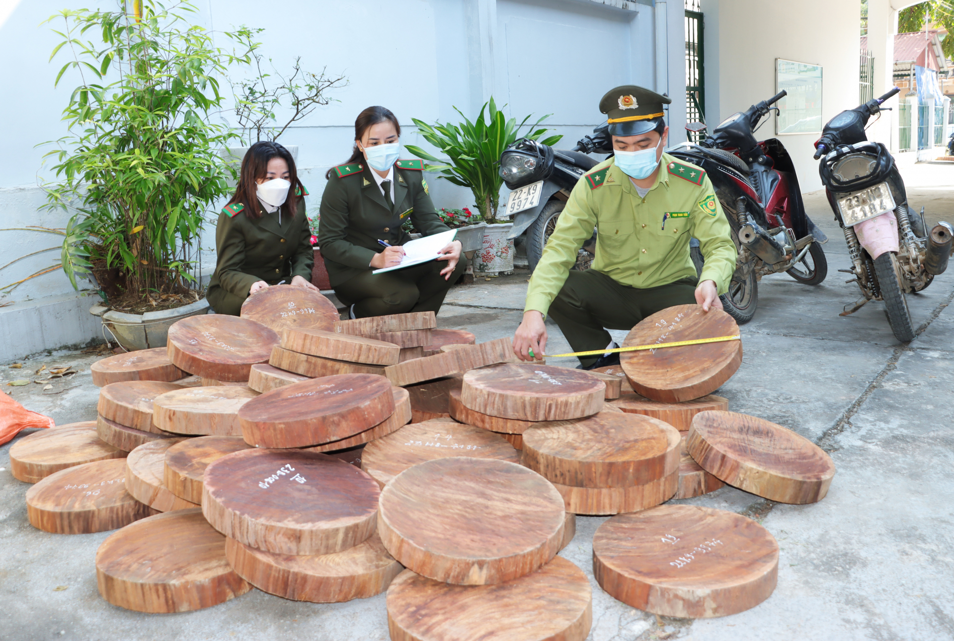 Cán bộ Hạt Kiểm lâm thành phố Hà Giang thu giữ các phương tiên, tang vật vi phạm.