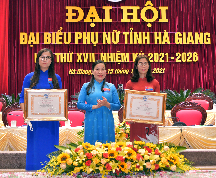 Chủ tịch Hội LHPN tỉnh Chu Thị Ngọc Diệp trao Bằng khen của Hội LHPN Việt Nam cho các cá nhân có thành tích xuất sắc trong nhiệm kỳ vừa qua.