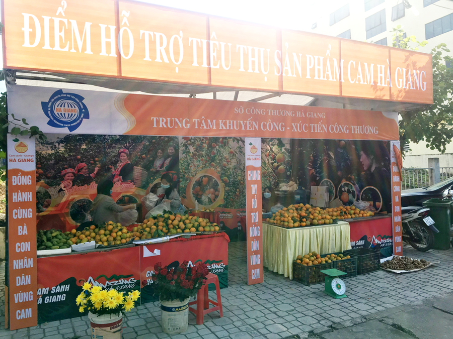 Điểm bán cam hỗ trợ nông dân trồng cam của Trung tâm Khuyến công – Xúc tiến Công thương được mở tại phường Trần Phú (cạnh Thế Giới sách), thành phố Hà Giang.