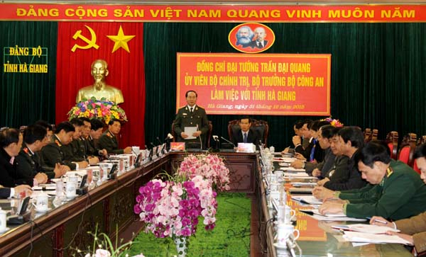 Đại tướng Trần Đại Quang, Ủy viên Bộ Chính trị, Bộ trưởng Bộ Công an phát biểu tại buổi làm việc.