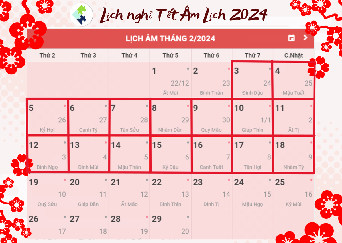 Lịch nghỉ Tết Nguyên đán Giáp Thìn 2024