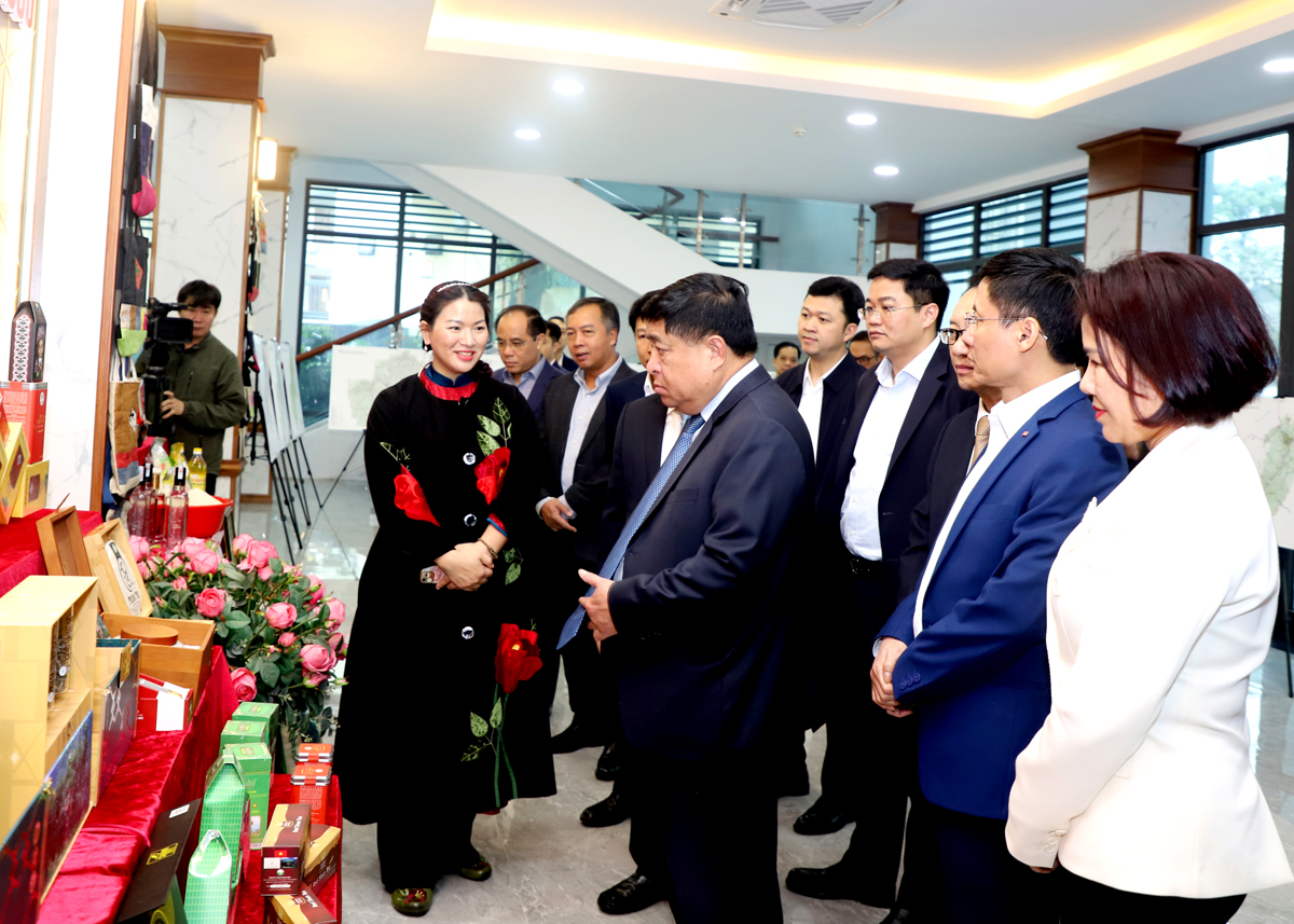 Bộ trưởng Bộ Kế hoạch và Đầu tư Nguyễn Chí Dũng và các đồng chí lãnh đạo tỉnh tham quan không gian trưng bày sản phẩm OCOP và bản đồ Quy hoạch tỉnh.
