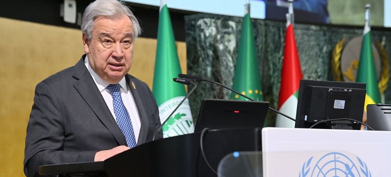 UN Secretary-General António Guterres speaks at the humanitarian conference. 