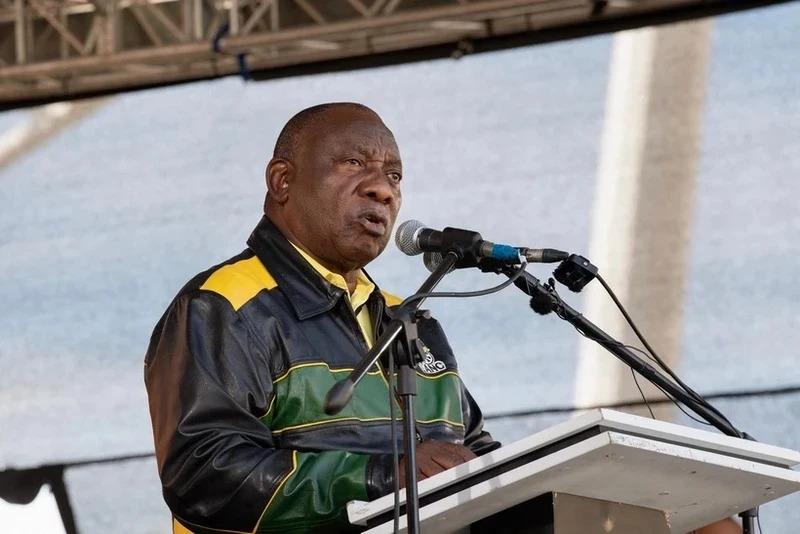 South African President Cyril Ramaphosa speaks in Athlone on May 1, 2024. 