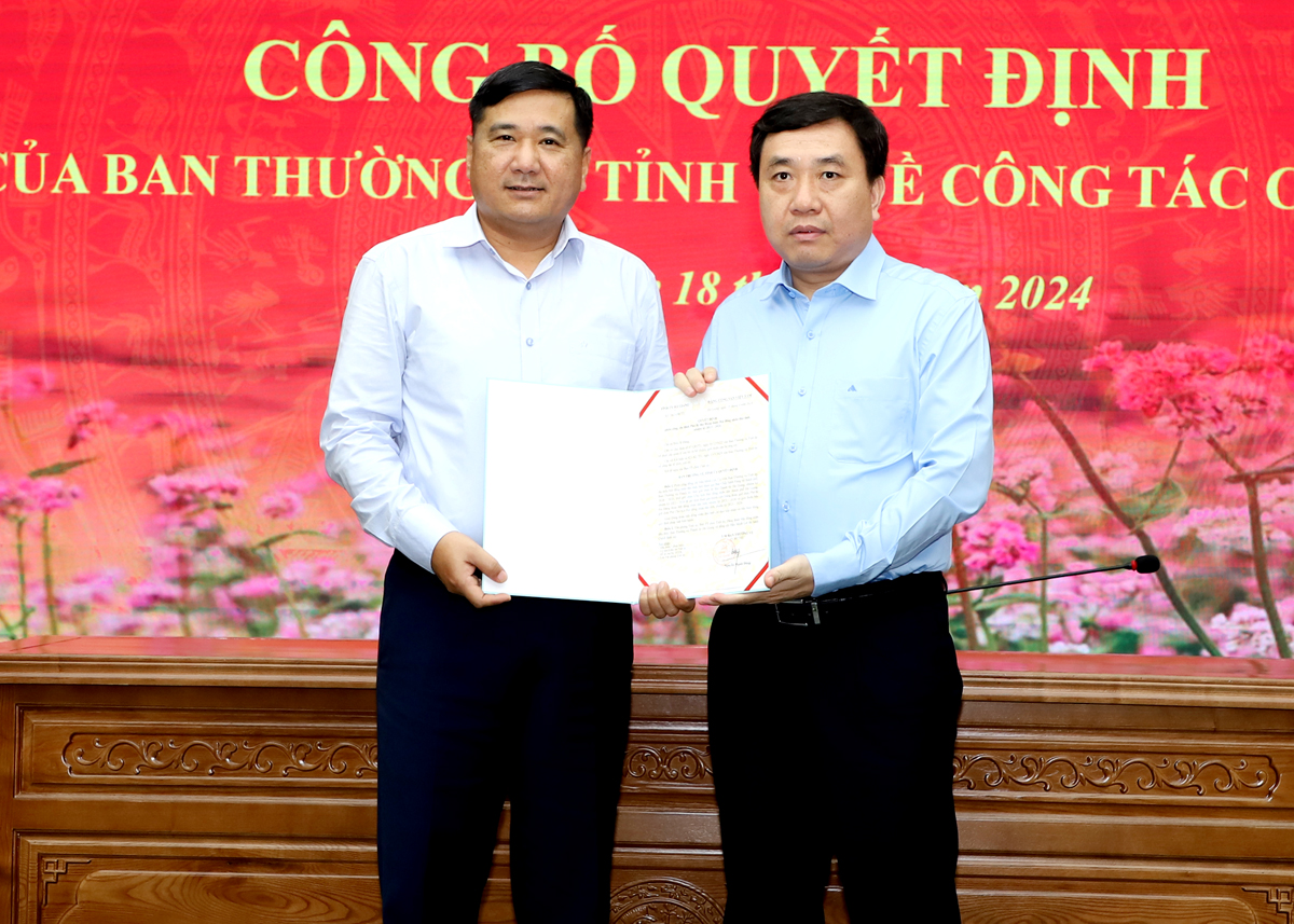 Quyền Bí thư Tỉnh ủy Nguyễn Mạnh Dũng trao quyết định của BTV Tỉnh ủy cho đồng chí Hầu Minh Lợi.
