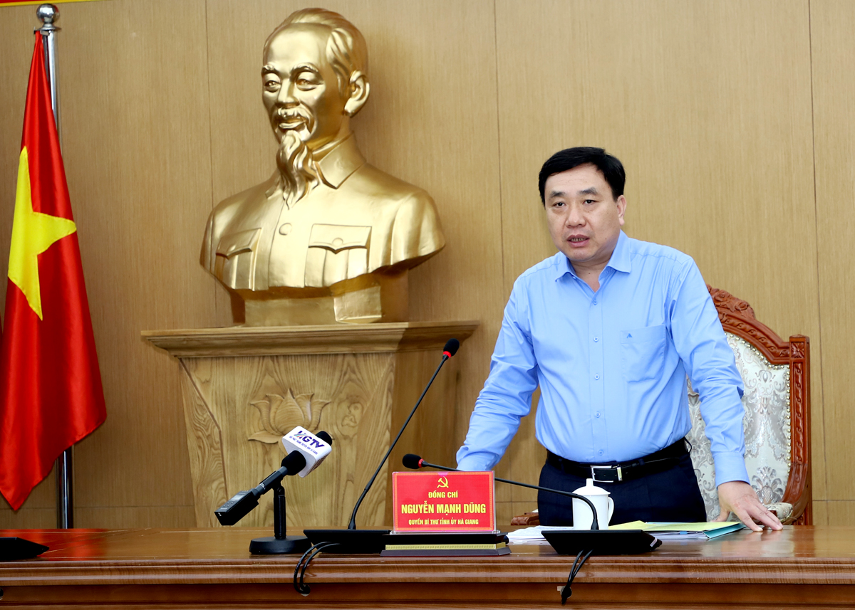 Quyền Bí thư Tỉnh ủy Nguyễn Mạnh Dũng phát biểu tại cuộc họp.
