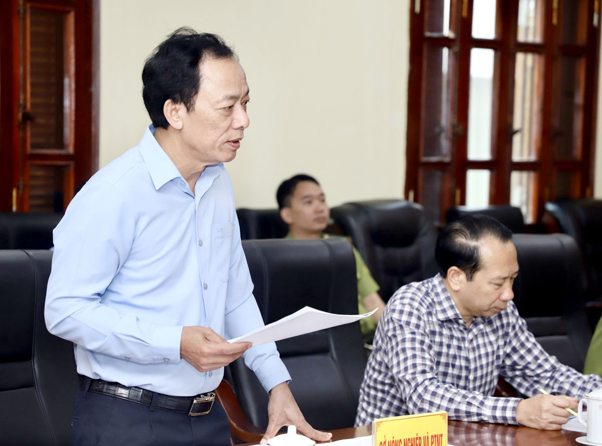 Giám đốc Sở Nông nghiệp và PTNT Hoàng Hải Lý báo cáo tình hình sản xuất nông nghiệp và công tác bảo vệ, phát triển rừng của tỉnh