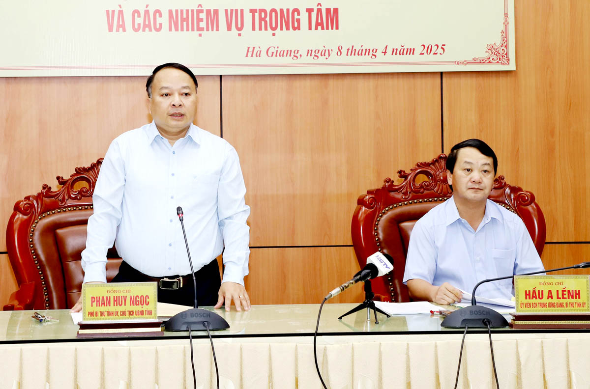 Phó Bí thư Tỉnh ủy, Chủ tịch UBND tỉnh Phan Huy Ngọc phát biểu kết luận buổi làm việc.