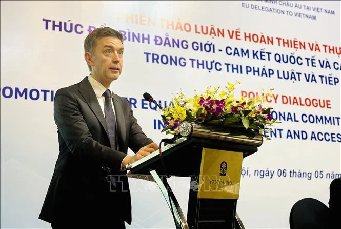 Ông Julien Guerrier, Đại sứ, Trưởng Phái đoàn Liên minh châu Âu (EU) tại Việt Nam phát biểu tại Phiên thảo luận. 