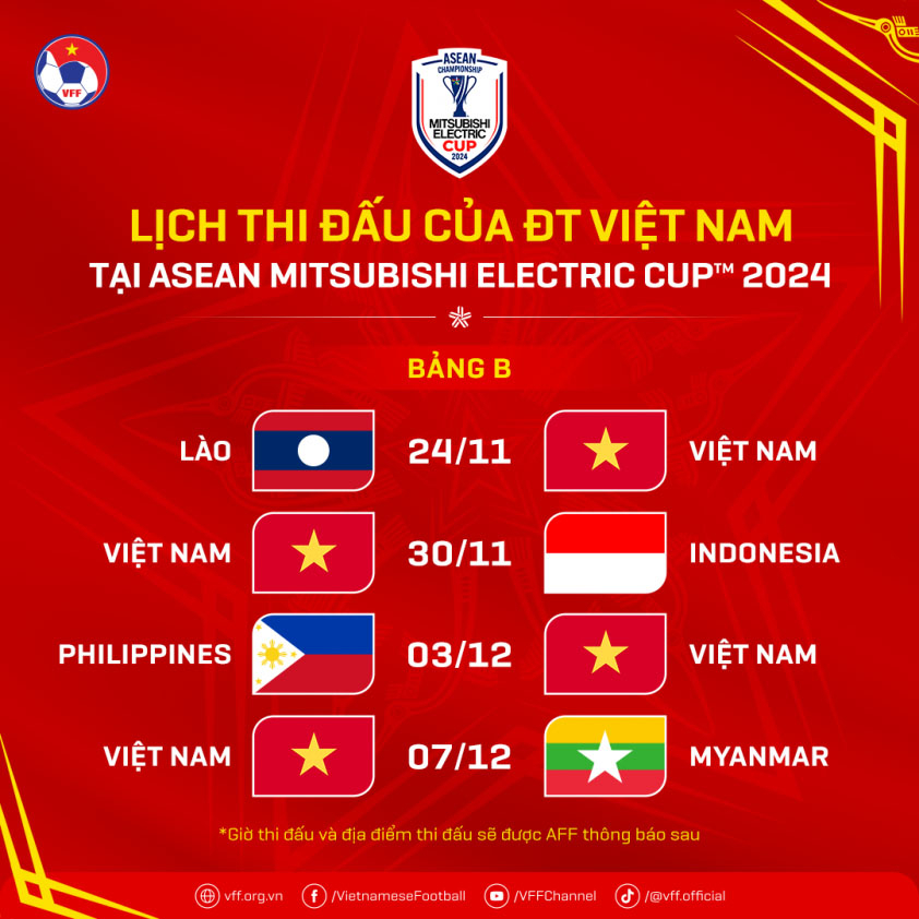 Lịch thi đấu của ĐT Việt Nam ở bảng B AFF Cup 2024 