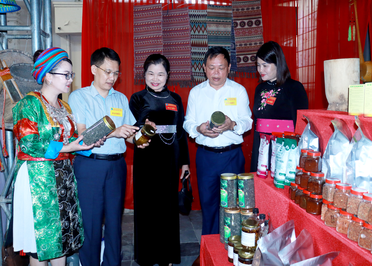 Các đại biểu tham quan gian hàng trưng bày sản phẩm nông sản địa phương.