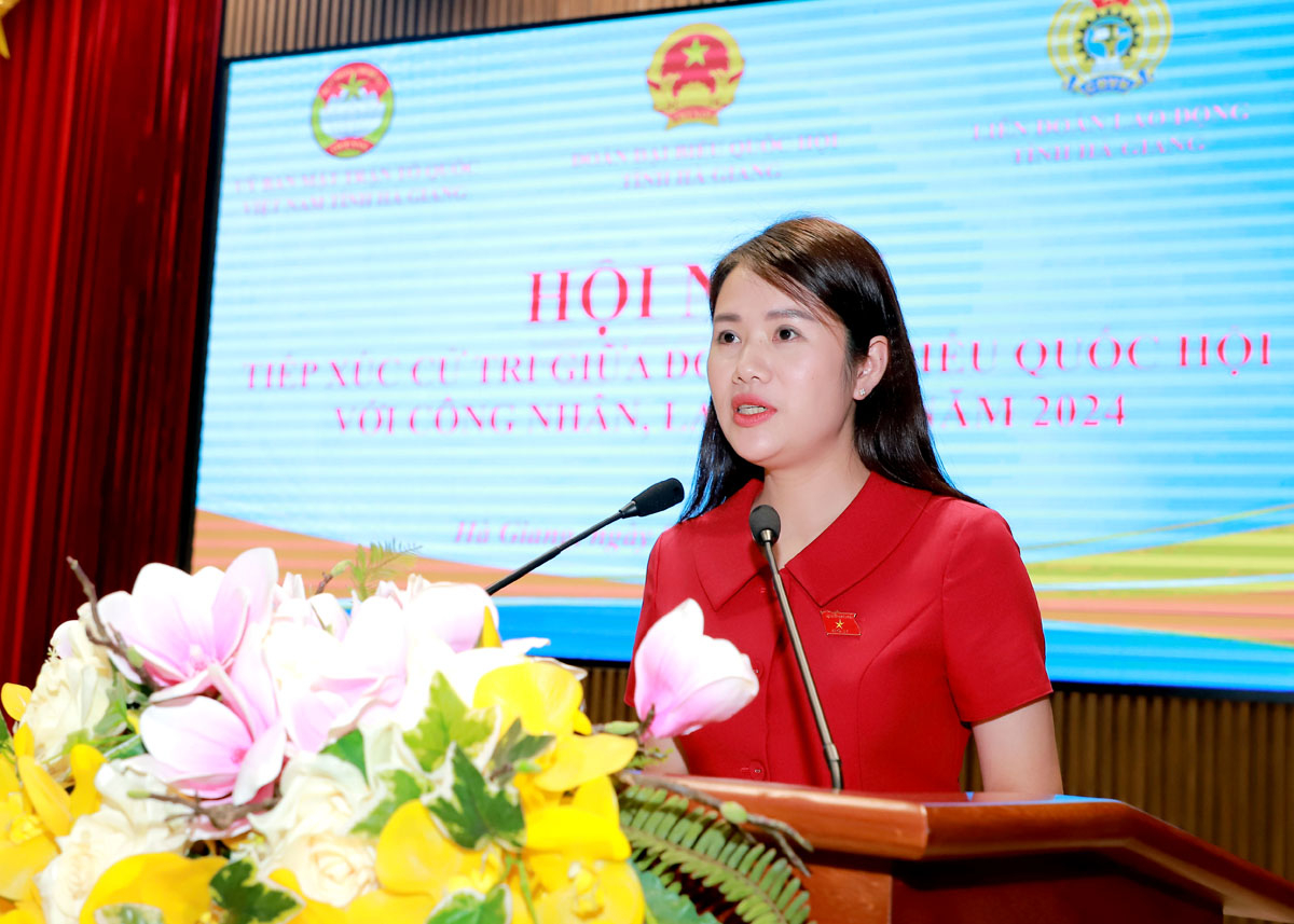 ĐBQH khóa XV đơn vị tỉnh Hà Giang Vương Thị Hương báo cáo tóm tắt về dự thảo Luật Công đoàn (sửa đổi) và Luật BHXH (sửa đổi).