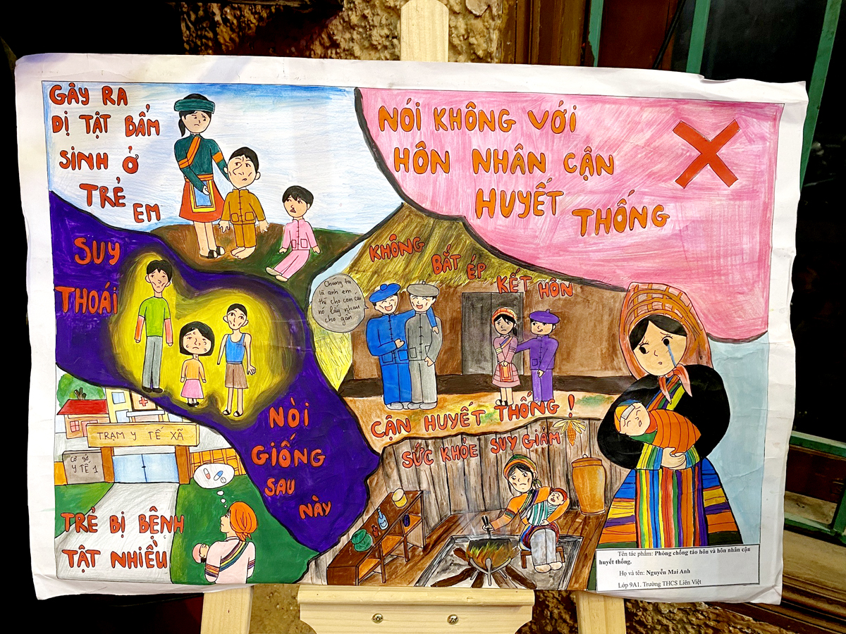 Tranh vẽ tuyên truyền chủ đề “Nói không với tảo hôn, hôn nhân cận huyết thống” của học sinh Trường THCS Liên Việt, thị trấn trấn Cốc Pài.         	