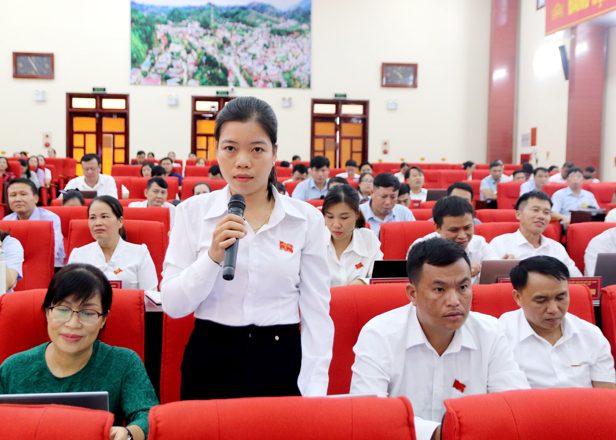 Đại biểu Hoàng Thị Hoa, Tổ đại biểu số 8 HĐND huyện Bắc Quang chất vấn nguyên nhân chậm tiến độ cấp giấy chứng nhận quyền sử dụng đất cho các hộ dân tại xã Vĩnh Phúc.