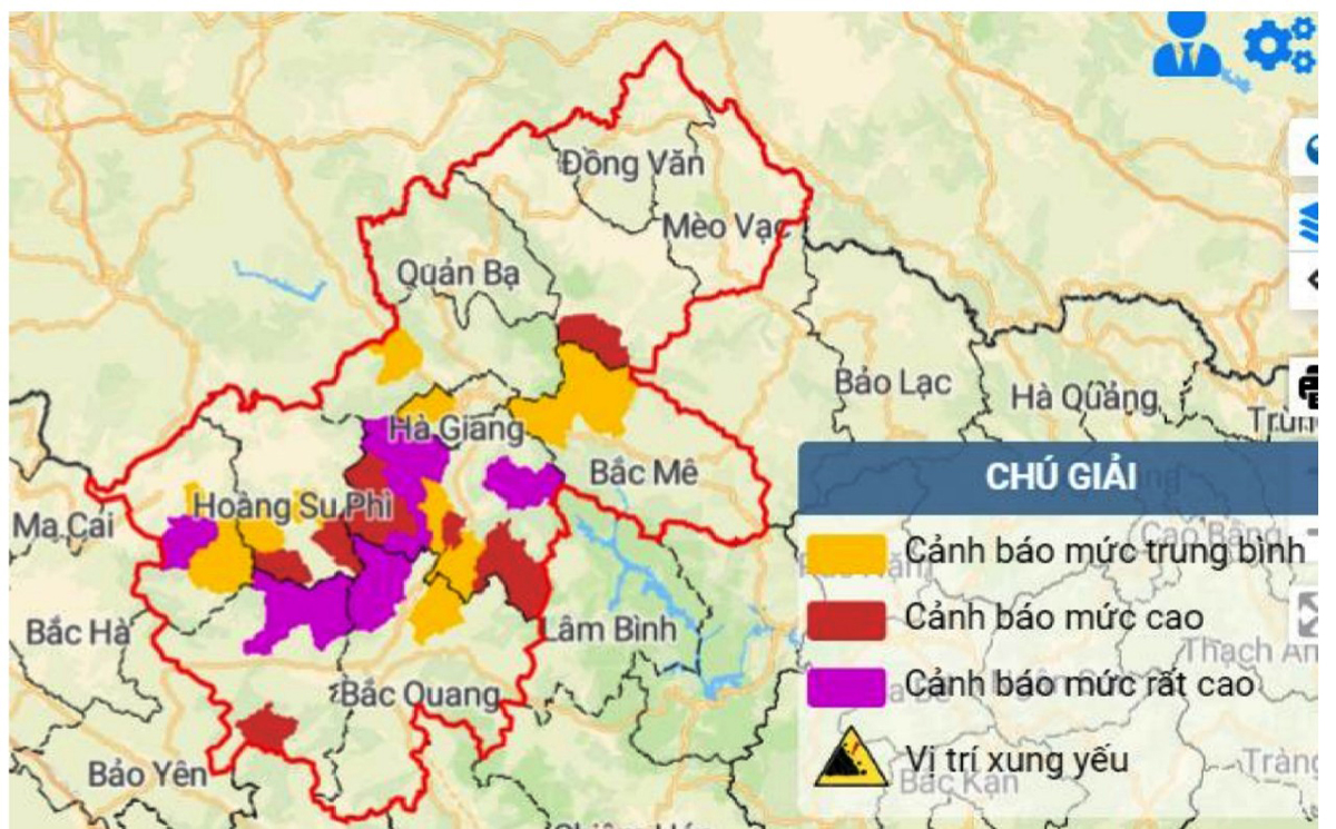 Bản đồ cảnh báo nguy cơ lũ quét, sạt lở tại các địa phương trong tỉnh.