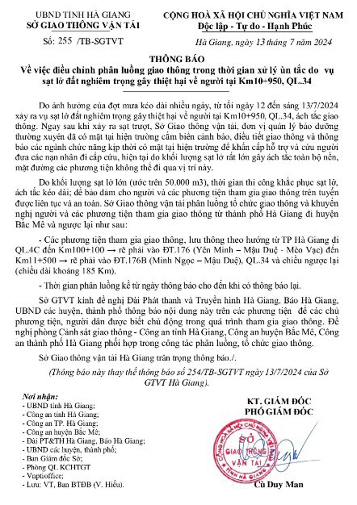 Thông báo của Sở GTVT.