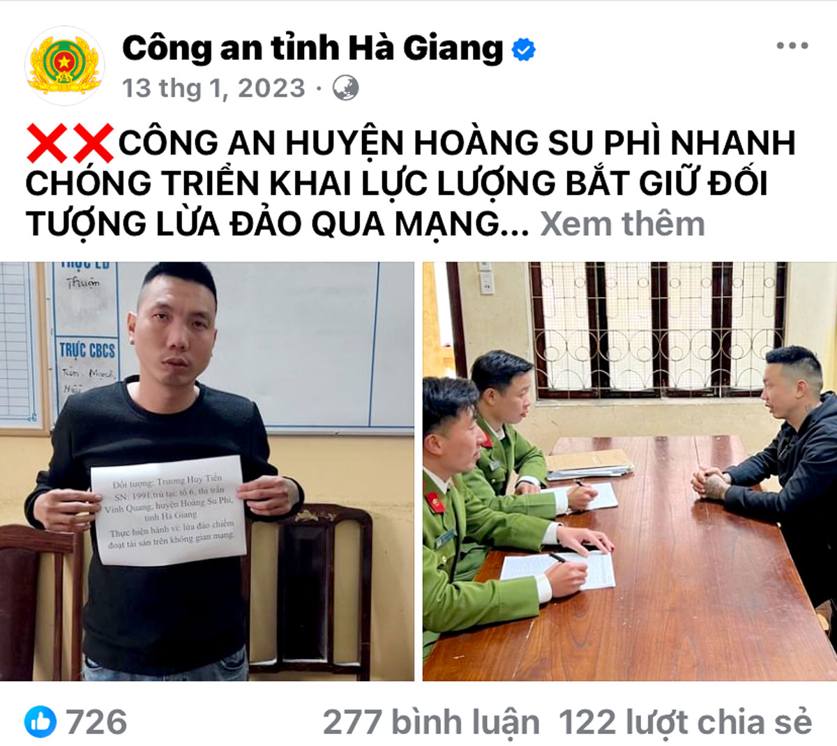 Những thông tin về các vụ việc lừa đảo trên mạng được lan tỏa sẽ giúp nâng cao nhận thức cho người dân. Trong ảnh: Thông tin một vụ lừa đảo qua mạng được chia sẻ trên fanpage của Công an tỉnh.