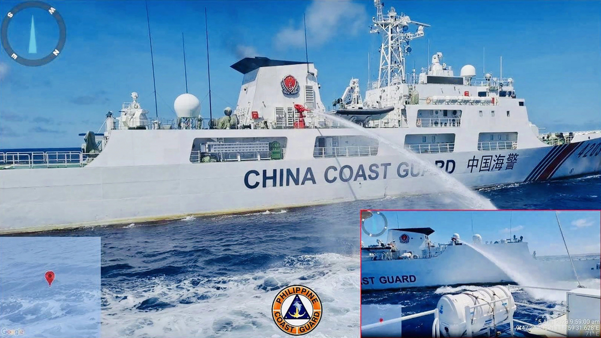 Lực lượng tuần duyên Philippines công bố hình ảnh tàu hải cảnh Trung Quốc xịt vòi rồng vào tàu tiếp tế của Manila ở bãi Cỏ Mây