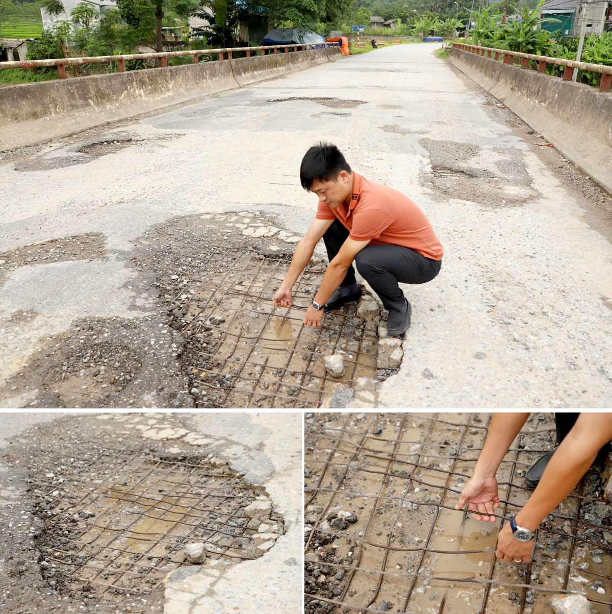 Km13 Quốc lộ 279 đoạn qua cầu Bản Đú bong tróc, sắt trơ lên mặt đường. 
