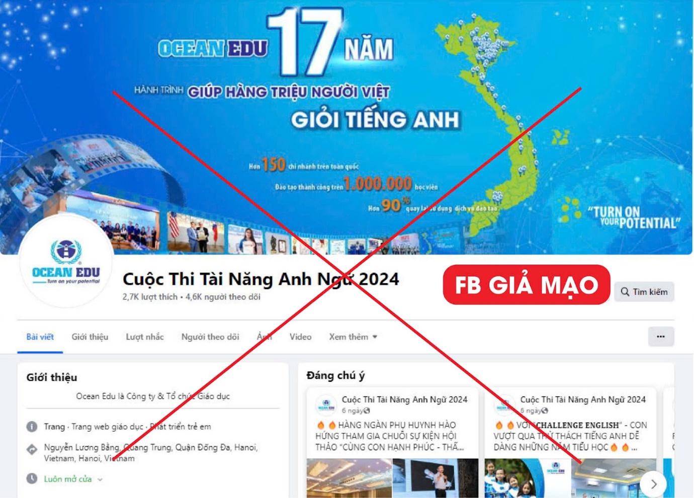 Trang mạo danh sử dụng hình ảnh thương hiệu Ocean Edu với mục đích lừa đảo