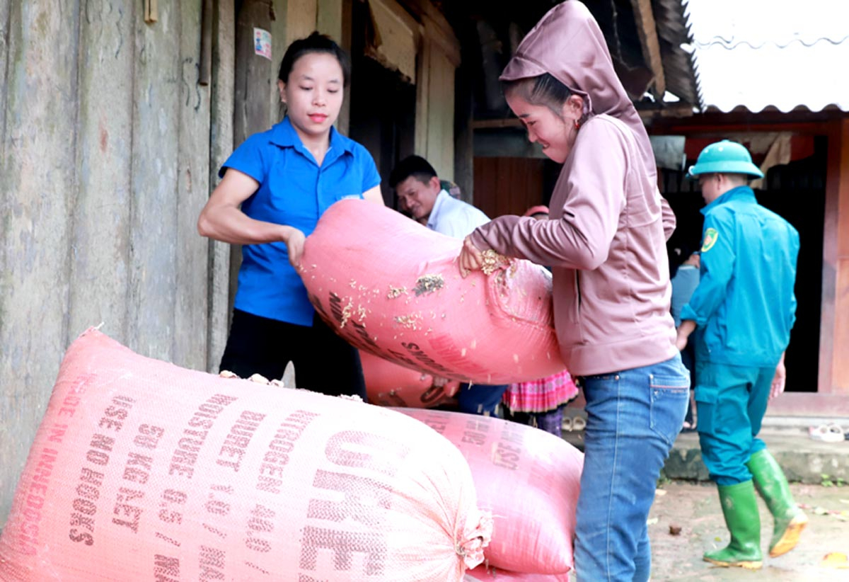 Nhân dân xã Yên Thành (Quang Bình) hỗ trợ nhau di dời khỏi khu vực có nguy cơ sạt lở cao.