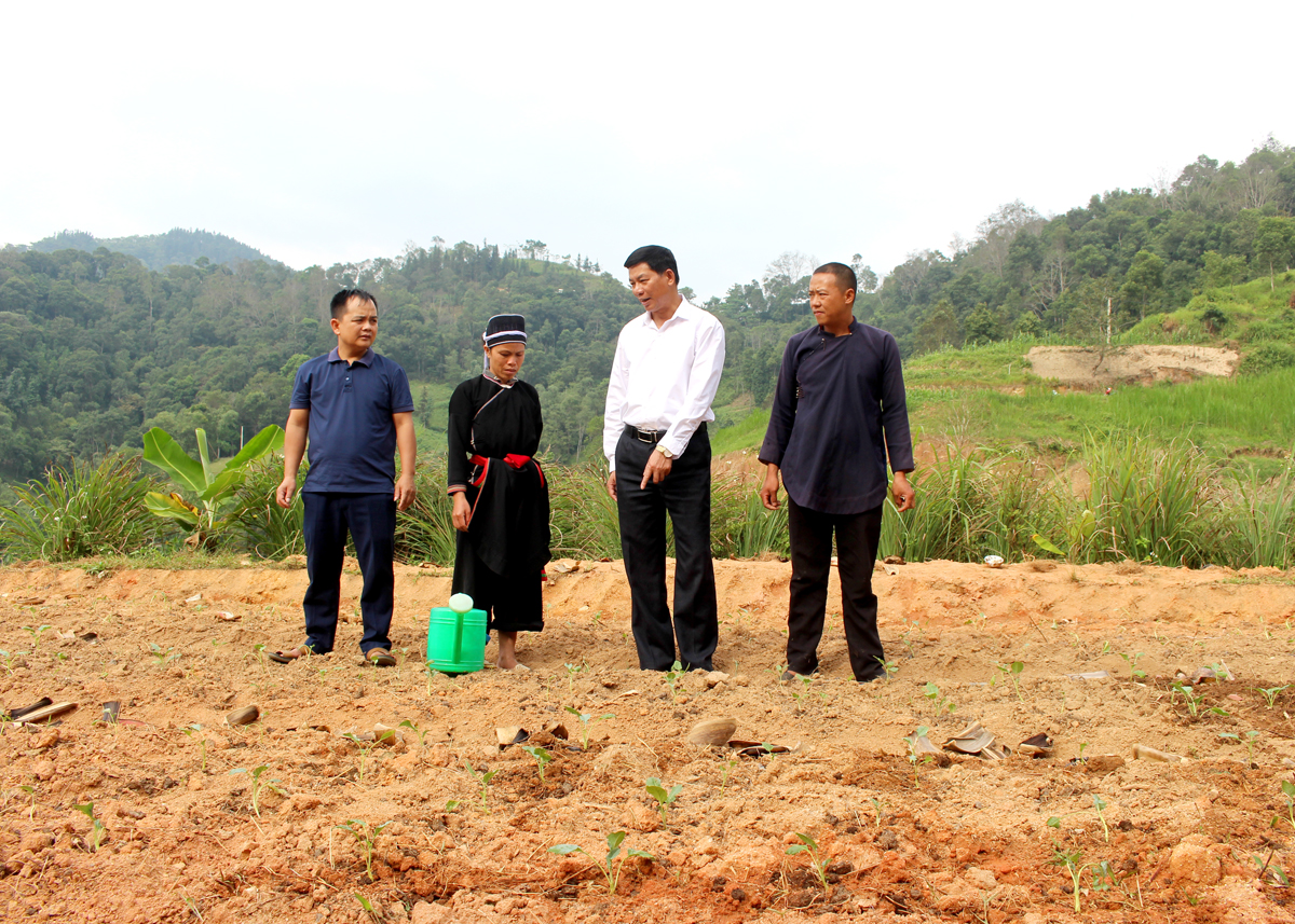 Lãnh đạo xã kiểm tra các mô hình kinh tế tại địa phương.