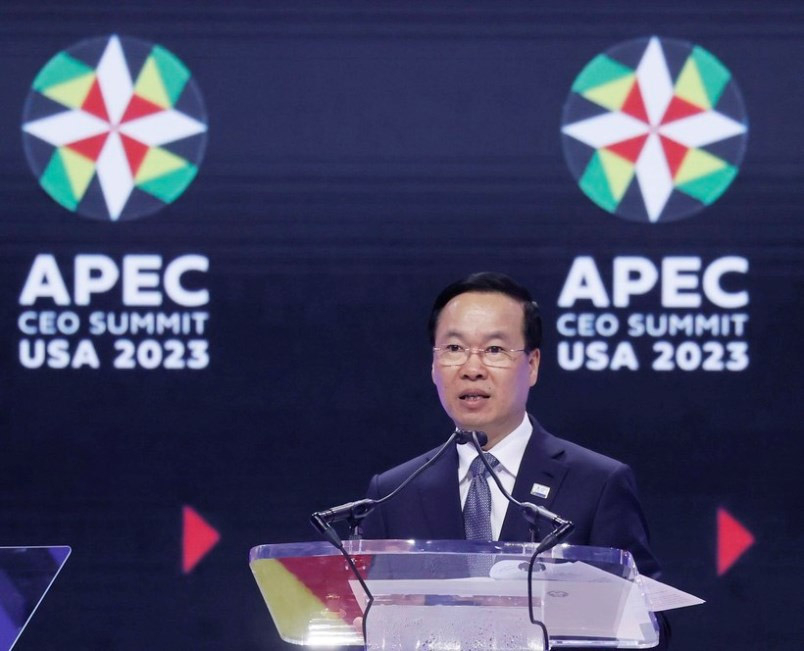 Chủ tịch nước Võ Văn Thưởng phát biểu tại Hội nghị Thượng đỉnh Doanh nghiệp APEC. 