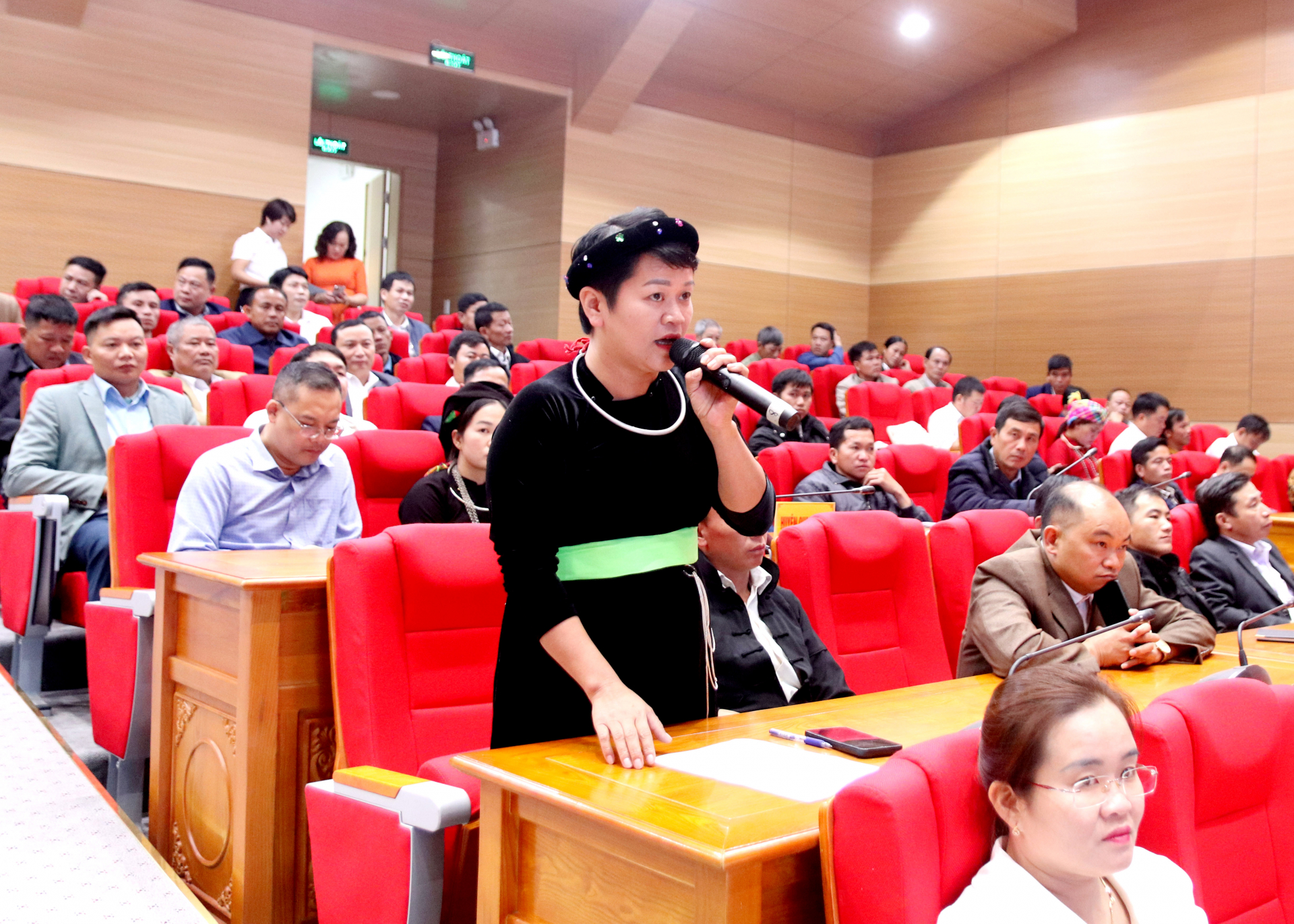 Chị Nguyễn Thị Liễu, Giám đốc Hợp tác xã Sơn Ý, xã Đạo Đức (Vị Xuyên) phát biểu tại hội nghị.