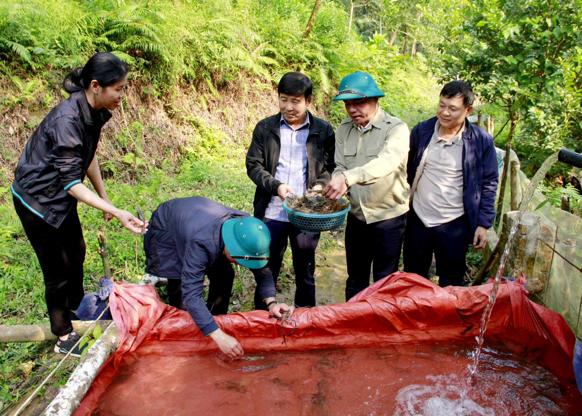 Đại biểu HĐND xã Phú Linh (Vị Xuyên) kiểm tra mô hình nuôi tôm Càng xanh của người dân. 