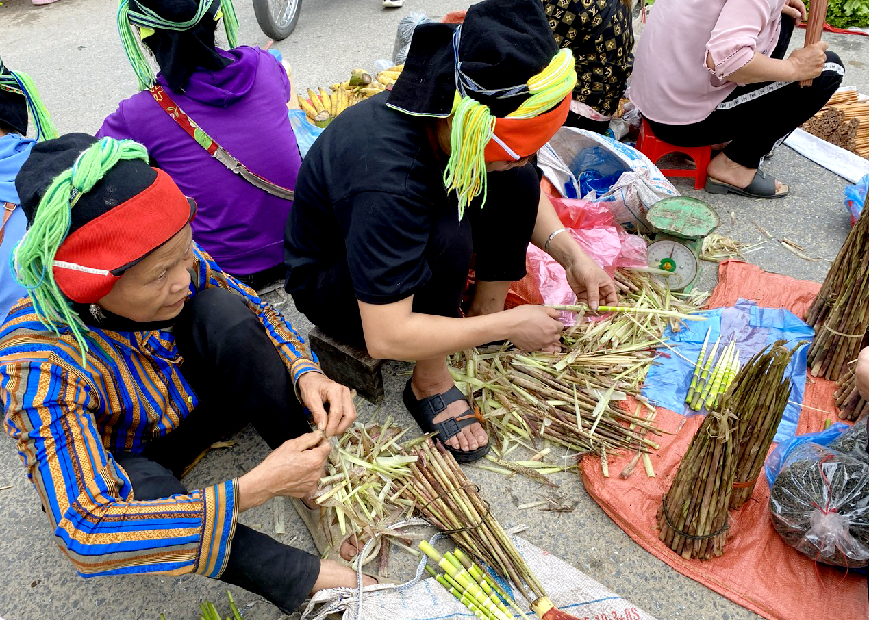 Măng tay theo chị em người Dao trên dải Tây Côn Lĩnh xuống chợ.
