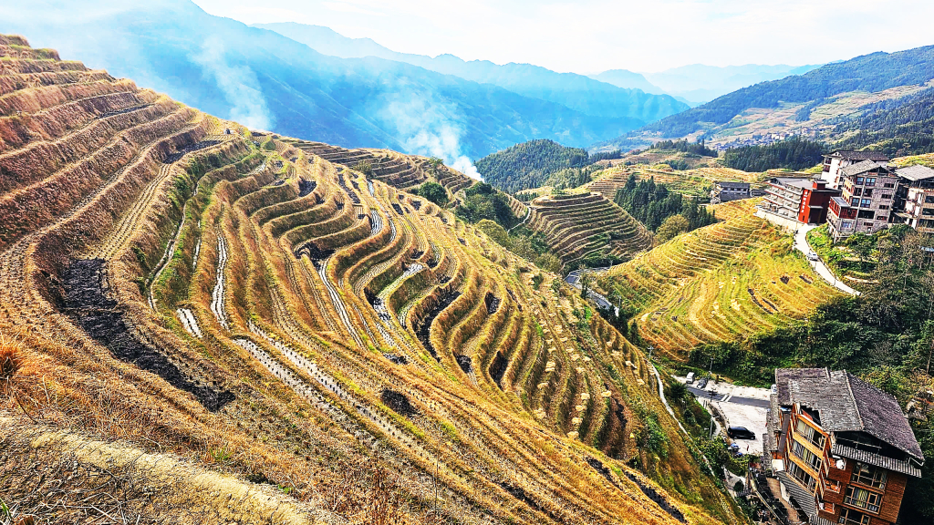 uộng bậc thang Long Tích nằm ở huyện Long Thắng, cách TP Quế Lâm (Khu tự trị dân tộc Choang Quảng Tây Trung Quốc) khoảng 100km. Nhìn từ trên cao, ruộng bậc thang được ví như xương sống của rồng.