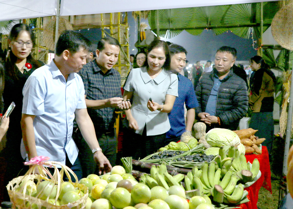 Các đại biểu tham quan các gian hàng trưng bày sản phẩm đặc trưng tại lễ hội.