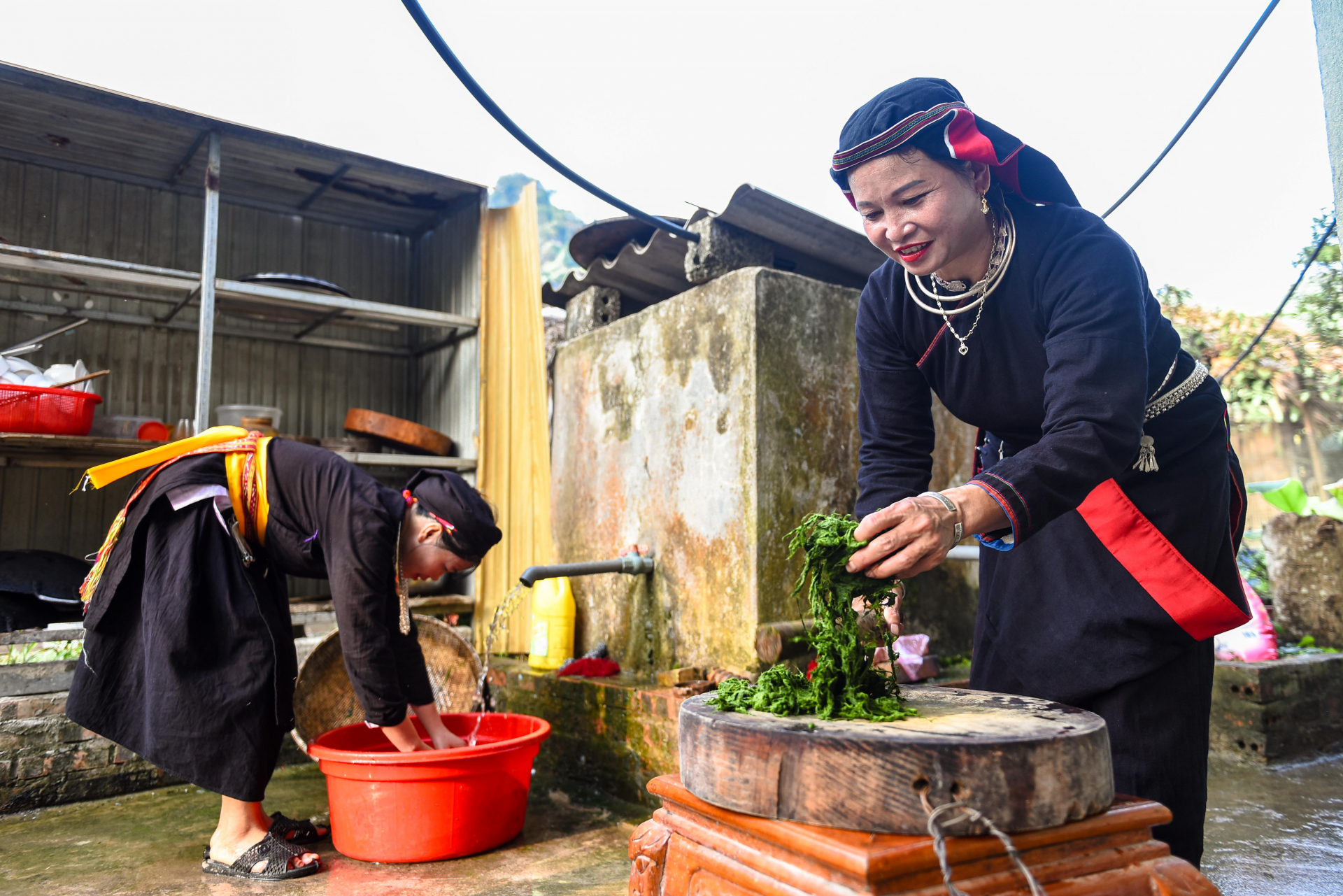 After being harvested from the stream, the moss is washed several times in clean water, then pounded in a mortar to remove any dirt clinging to the roots. Afterward, the moss is washed again until it is completely clean. As it is currently the moss harvest season, more and more people are visiting the village to enjoy stone moss. The moss is harvested daily to ensure its freshness.