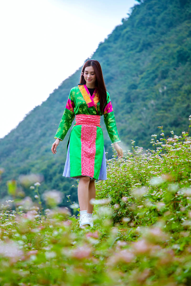 Hoa hậu Việt Nam 2018 Trần Tiểu Vy trong bộ trang phục truyền thống của thiếu nữ dân tộc Mông hòa mình vào sắc hoa Tam giác mạch trên Cao nguyên đá Đồng Văn.
 