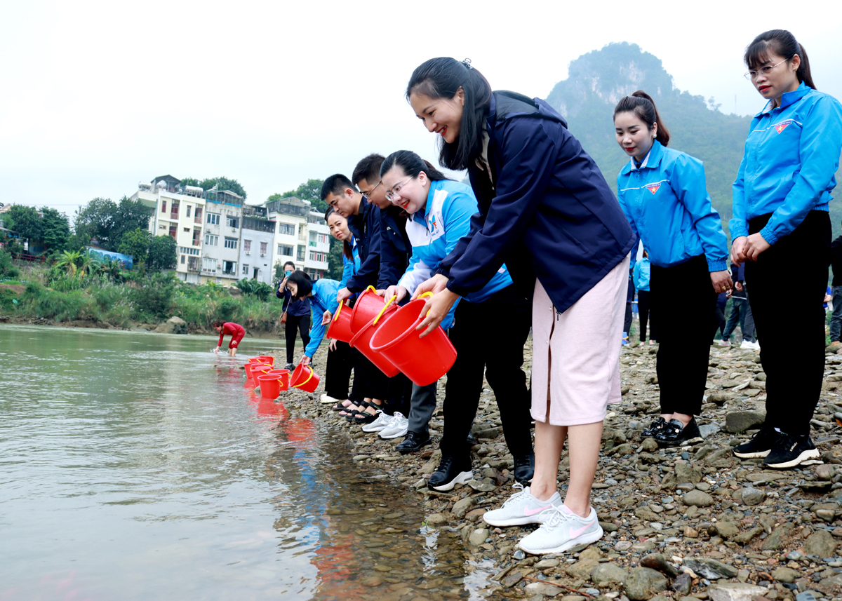 Đoàn Thanh niên các đơn vị tham gia hoạt động thả cá tại sông Lô (thành phố Hà Giang).
