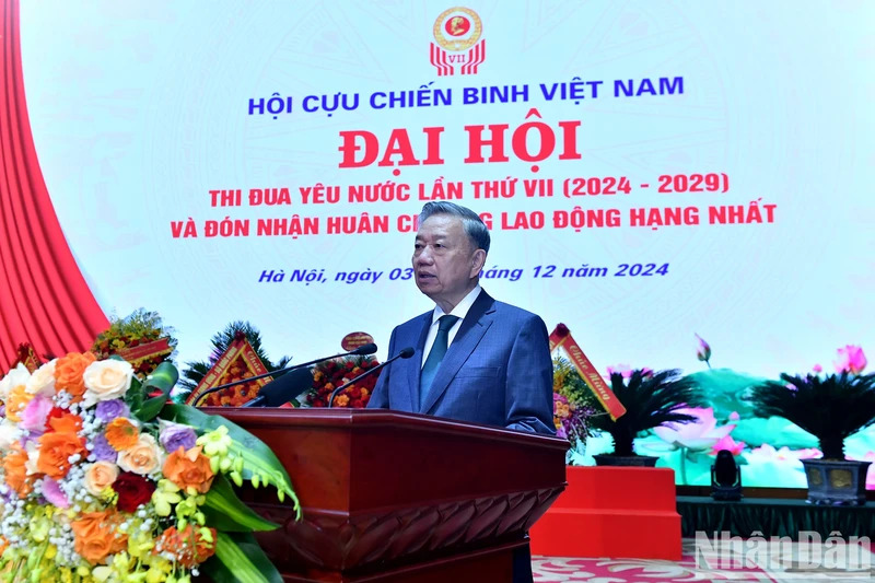 Party General Secretary To Lam speaks at the 7th patriotic emulation congress of the Vietnam War Veterans Association (VWVA) on December 4. 