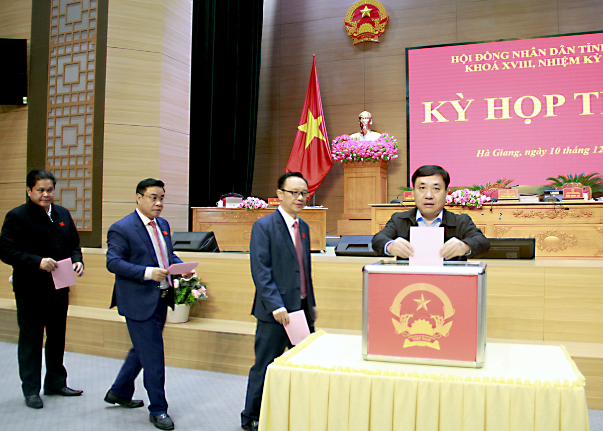 Acting Secretary of the Provincial Party Committee Nguyen Manh Dung and delegates voted to elect the position of Vice Chairman of the Provincial Peoples Committee.