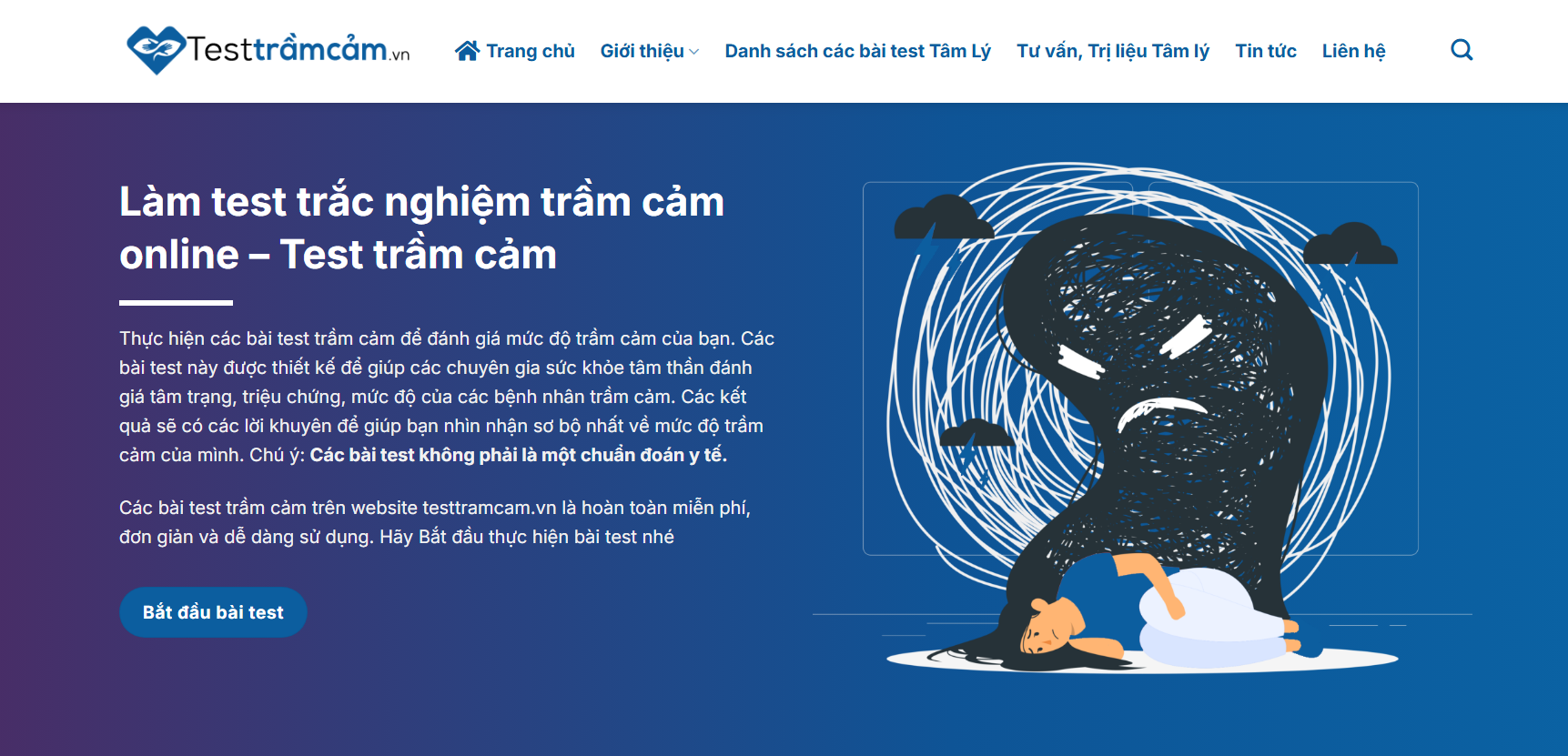 Hình ảnh: Giao diện website Testtramcam.vn - làm test trắc nghiệm trầm cảm online