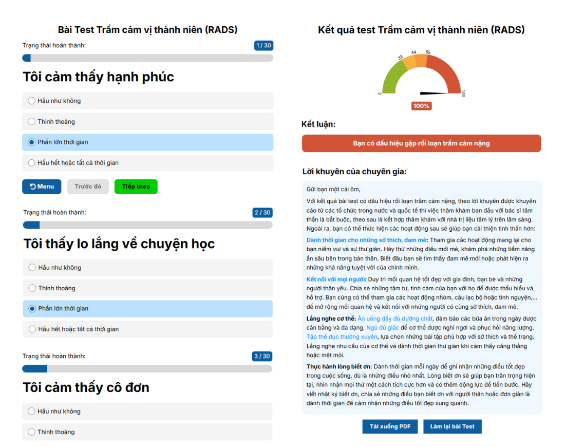 Hình ảnh: Kết quả chi tiết sau khi hoàn thành bài Test Trầm cảm vị thành niên (RADS)