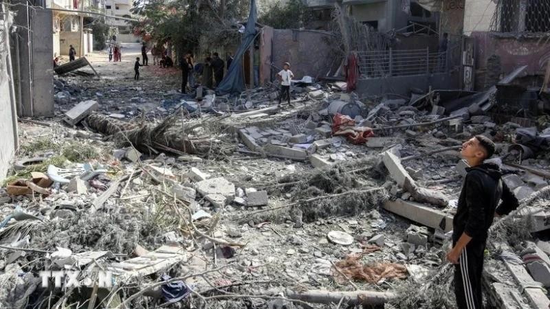 The houses were destroyed by an Israeli airstrike in the al-Bureij refugee camp of the central Gaza Strip on November 17, 2024.