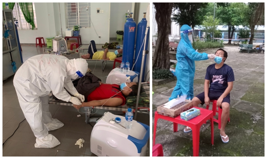 Các cán bộ đoàn y tế tình nguyện tỉnh Hà Giang hỗ trợ tỉnh Bình Dương thực hiện khám chữa bệnh, lấy mẫu xét nghiệm cho bệnh nhân Covid-19. (Ảnh do Bác sĩ Vũ Văn Giang, Trưởng đoàn cung cấp)